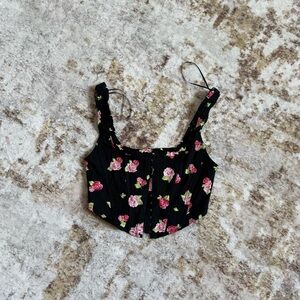Stradivarius Black Floral Corset Crop Top